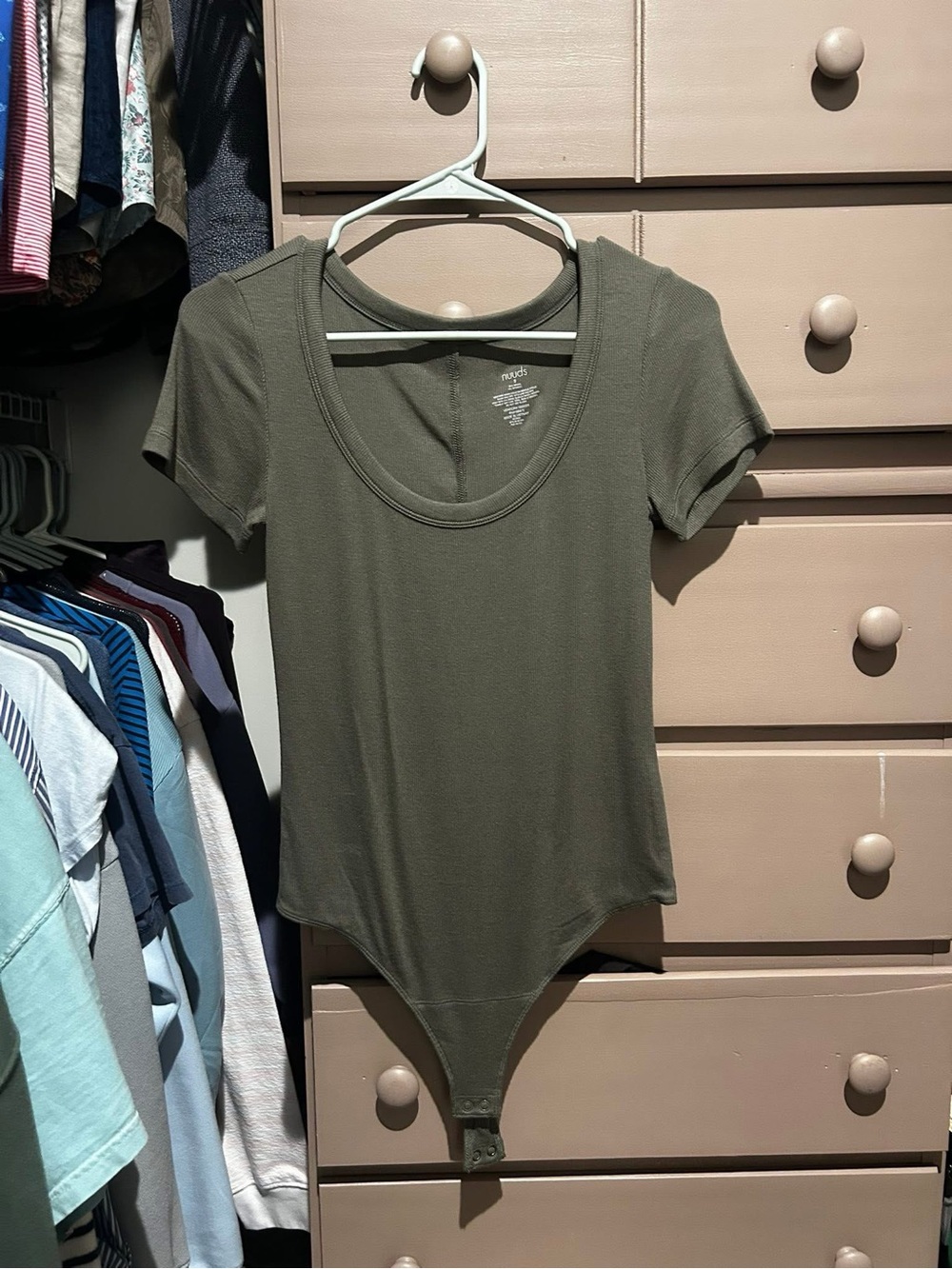 nuuds Olive Green Scoop Neck Short Sleeve Bodysuit